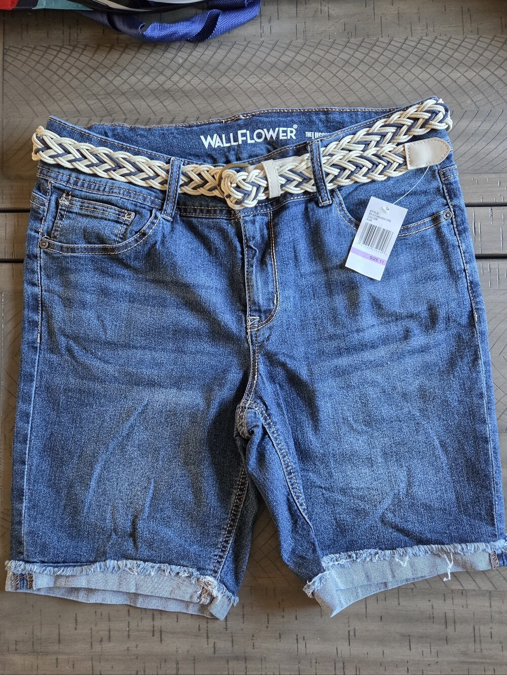 Wallflower Blue Denim Bermuda Shorts with Braided Tan/Cream Belt
